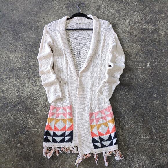 Roxy Sweater Womens S Ivory Cardigan Wrap Open Front Boho Aztec Southwestern - Picture 1 of 8